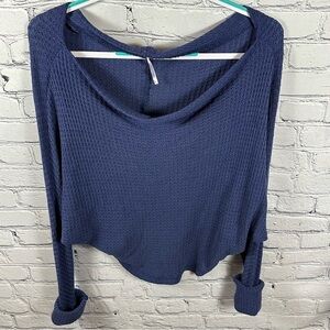 Free People Dripped Thermal Mercury Tee Waffle Dolman Sleeve Off Shoulder Navy S